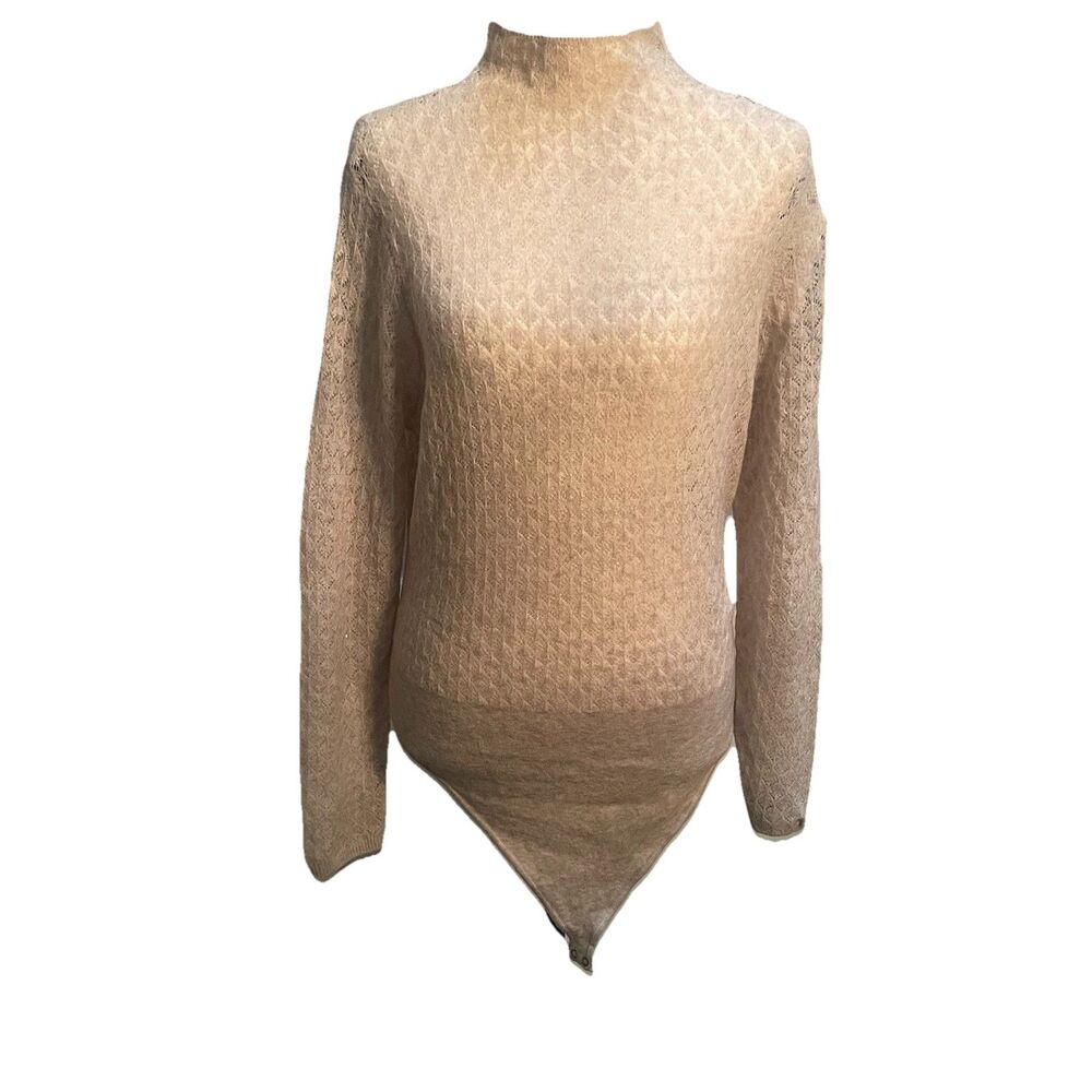 NWT Abercrombie & Fitch Pointelle Knit Bodysuit XL Beige Mock Neck Lace Sheer